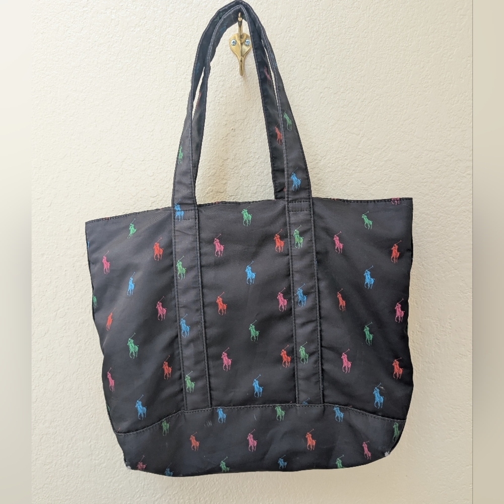 vintage Polo by Ralph Lauren Black Nylon Tote with Multicolor Pony Embroidery